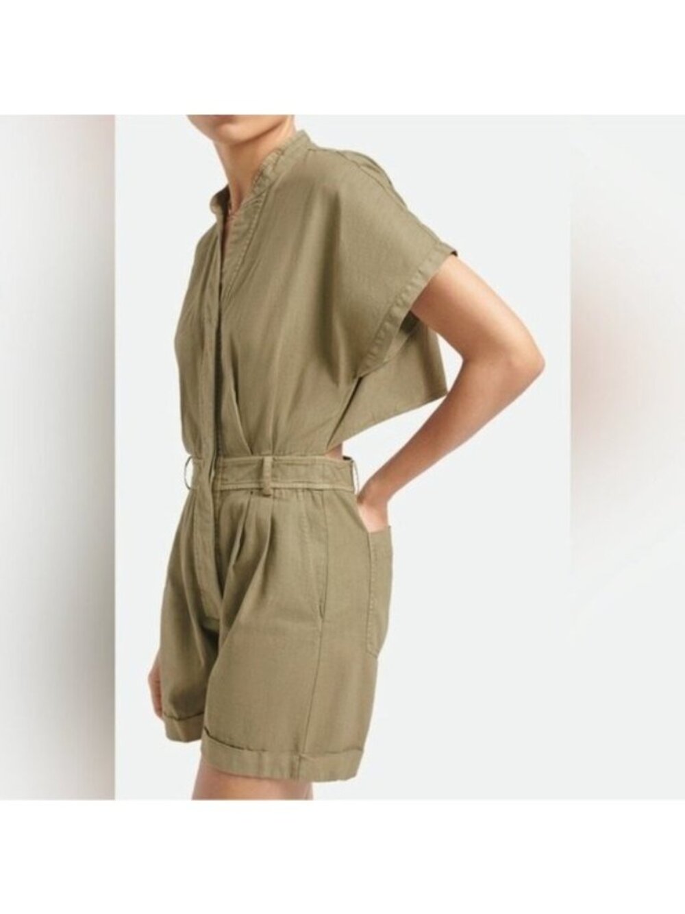 Vanessa Bruno Atalante Linen Romper L Olive Cutout Utility Playsuit Khaki Pocket